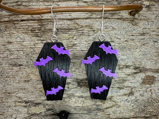 Purple Bats on Black Coffin Earrings